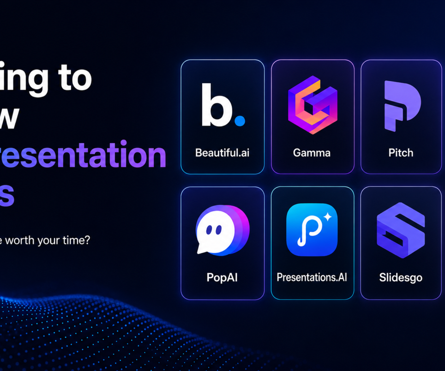 AI presentation tools comparison featuring Beautiful.ai, Gamma, Pitch, Plus AI, PopAI, Presentations.AI, Slidesgo, and Tome