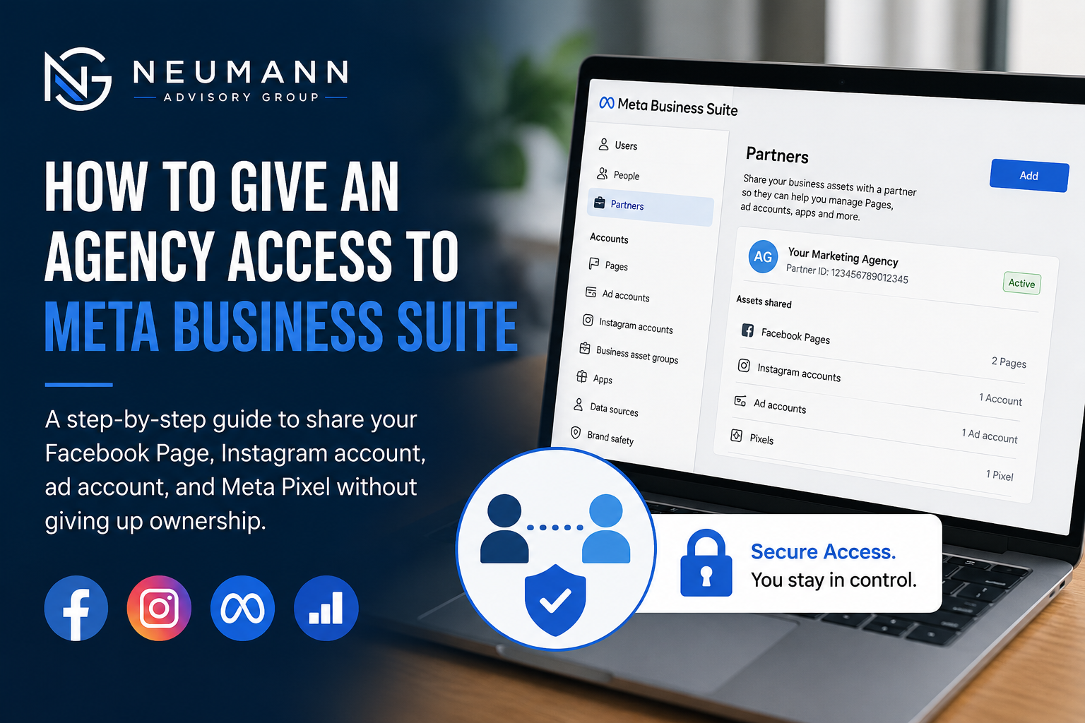Step-by-step guide to giving an agency access to Meta Business Suite, Facebook Pages, Instagram accounts, ad accounts, and Meta Pixel